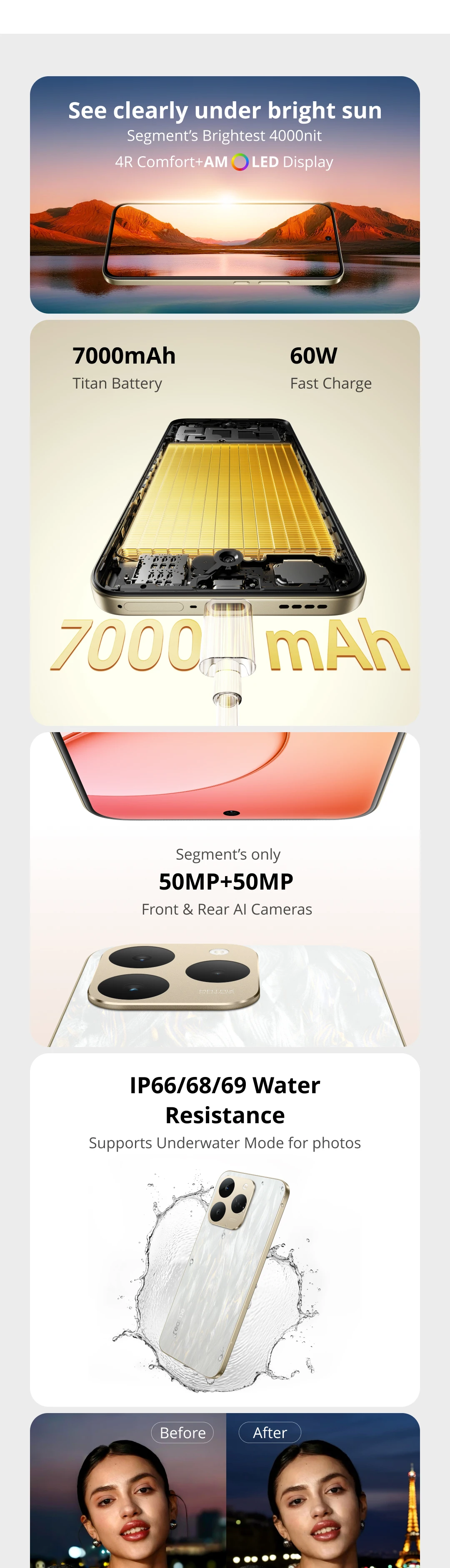 realme 15T 5G Smartphone NFC Dimensity 6400 Max Chipset Dual 50MP AI Cameras 6.57" 120Hz AMOLED Display 7000mAh Battery 60W