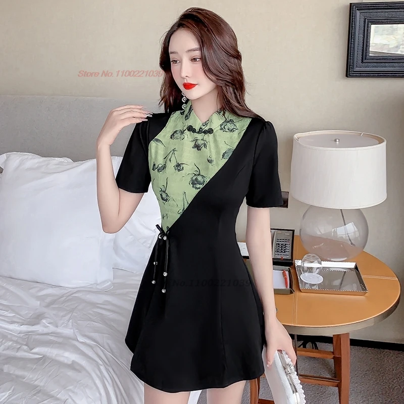 Vestido cheongsam de retazos con estampado nacional de flores y pantalones cortos, conjunto mejorado para banquete, club nocturno, vestido oriental de trabajo para hotel y spa, 2024