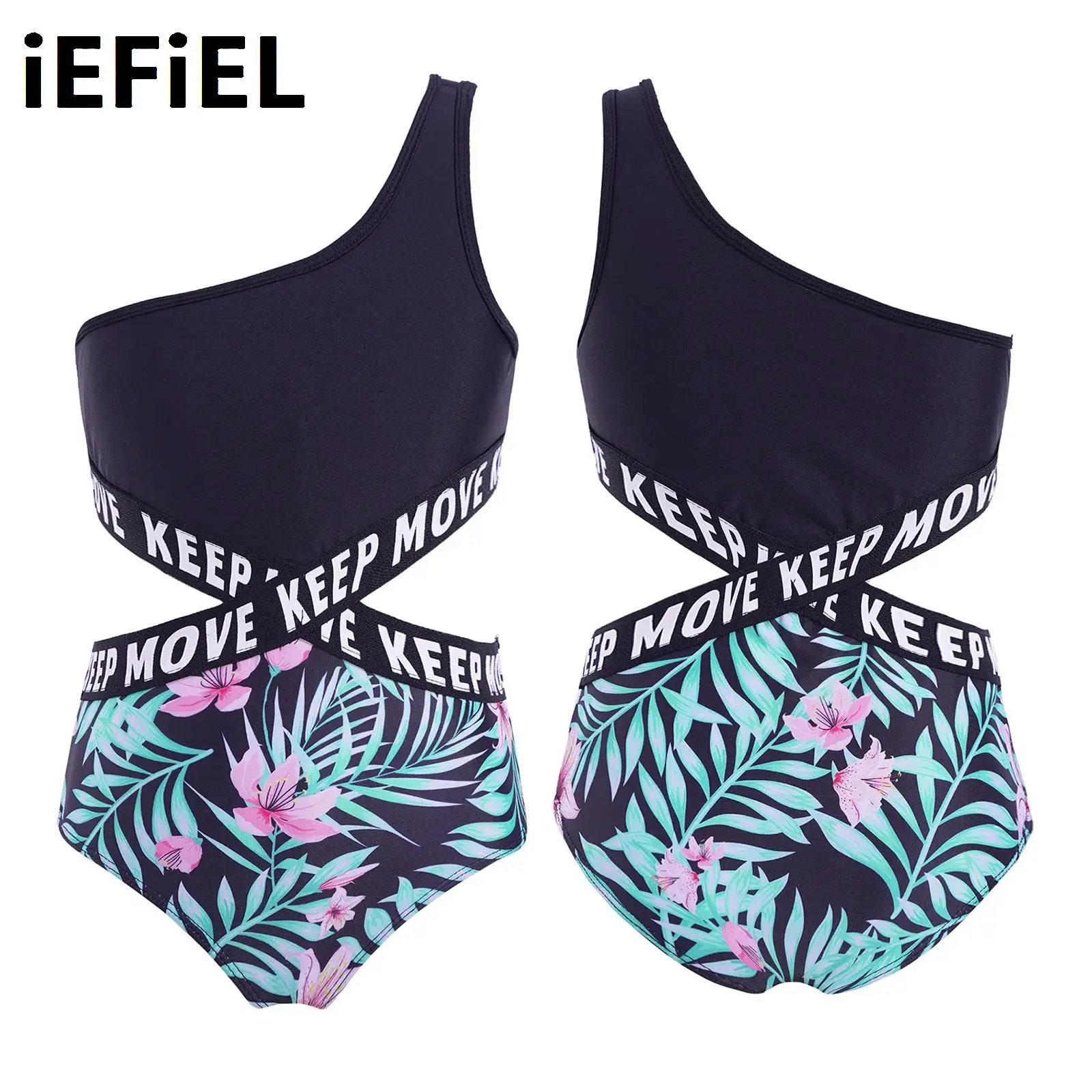 

Kids Letters Printed Swimsuit Girls One-piece Asymmetric Single Shoulder Strap Waist Webbing Patchwork Bodysuit