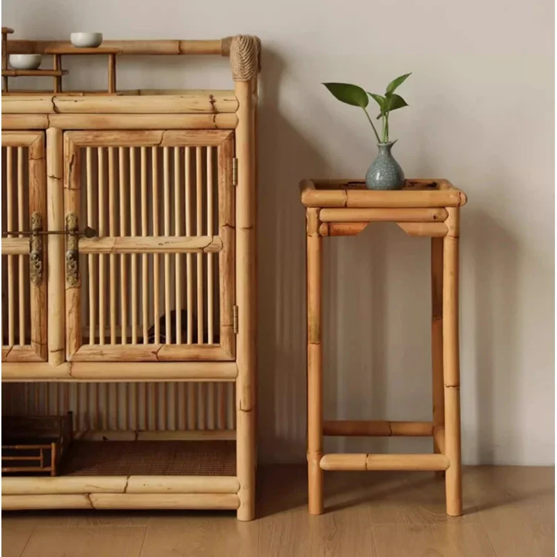 Chinese Style Plant Rack Foyer 2-layers Flower Table Floor Standing Multi-layer Green Plant Shelf Bamboo Woven Flowerpot Holder