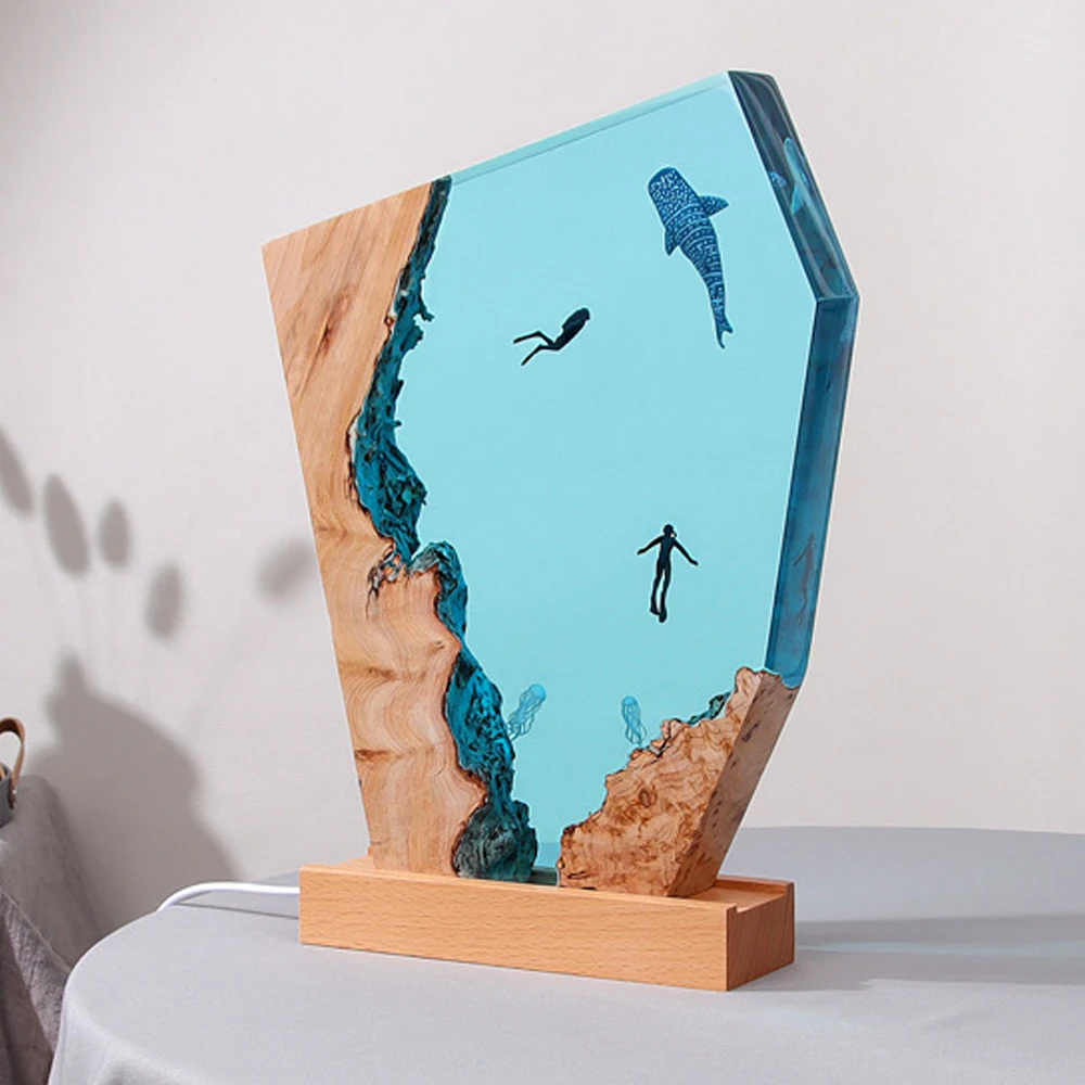 Lampe de Table en Résine à Thème de Baleine Plongeur, Veilleuse avec Chargeur USB, Aventure des fonds marins, Organisme, Art Créatif, Décoration, Diversification