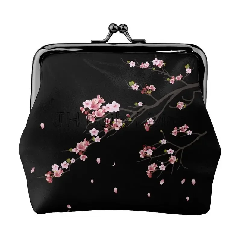 Japanese Sakura Cherry Blossoms Mini Leather Coin Purse Small Kiss-Lock Change Pouch Clasp Closure Buckle Wallet for Women Girls