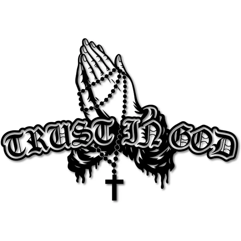 Trust In God Praying Hands Rosary Cross Cut Car Sticker, Gothic Font UV Vinyl Decal, Weather & Waterproof, Multiple