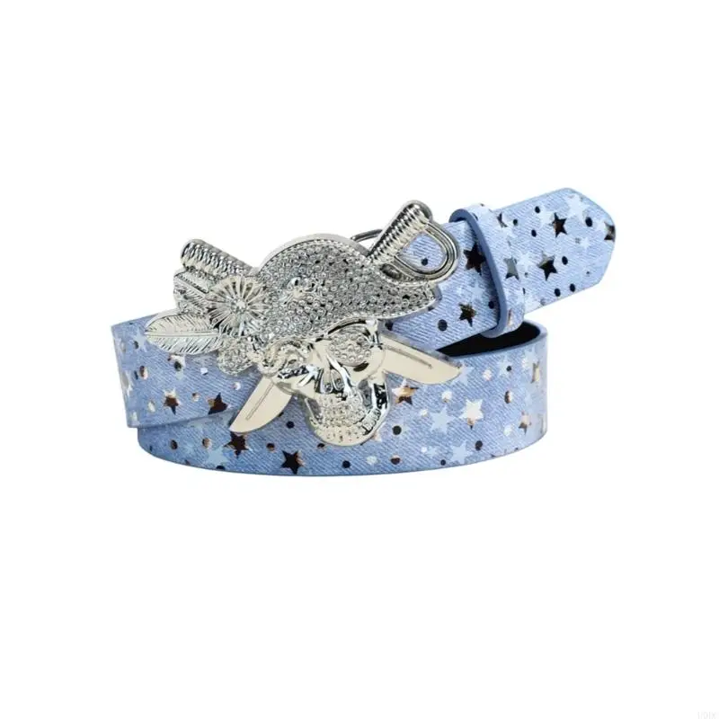 Crystal Waistband Skull Belt with Star Print Strap, Silver Tone Pin Closure Faux Leather Fashion Belt for Casual Jeans Wear Y166