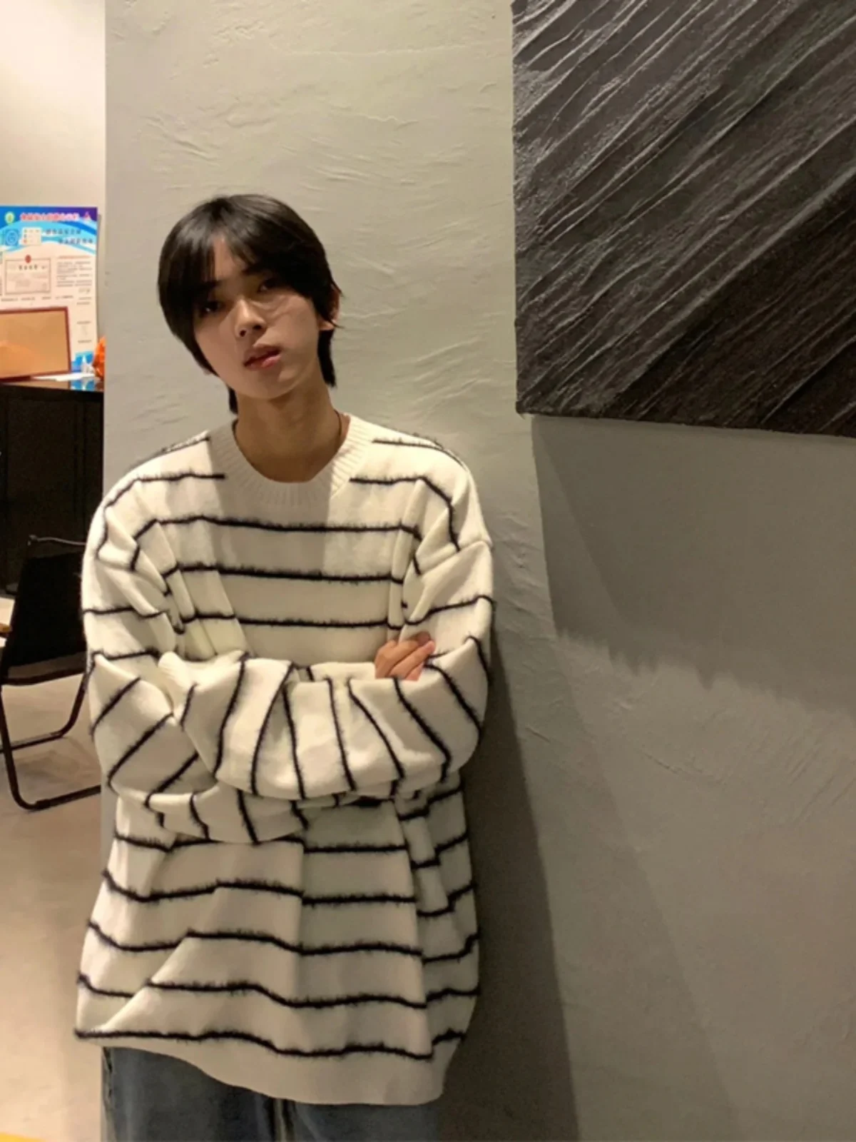 

Ретро-японский белый вязаный свитер для мужчин, осенне-зимний, в полоску, базовый слой, с круглым вырезом, повседневный, свободного кроя