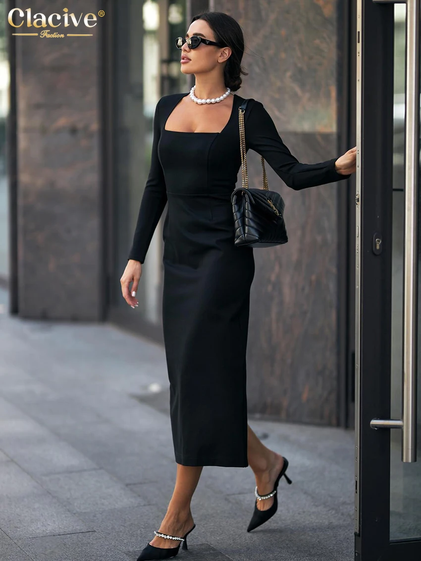 คลาซีฟชุดเดรสสีดำเซ็กซี่สำหรับผู้หญิงบอดี้คอนคอเหลี่ยมแขนยาวมิดิเดรสคลาสสิกหรูหราเอวสูงชุดเดรสหญิง