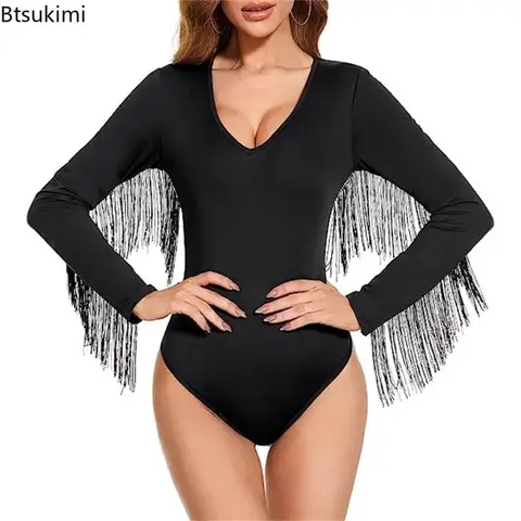 New Women's Tassel Deep V Neck Long Sleeve Jumpsuits Bodysuits Tops Stretchy Romper Solid Color Slimming Jumpsuit Leotards Gift