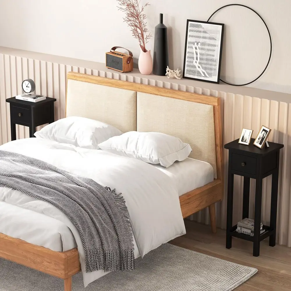 

Двухуровневый узкий приставной столик с ящиком, высокий прикроватный столик из акации для небольших помещений, тонкий прикроватный столик в стиле фермерского дома с открытой полкой