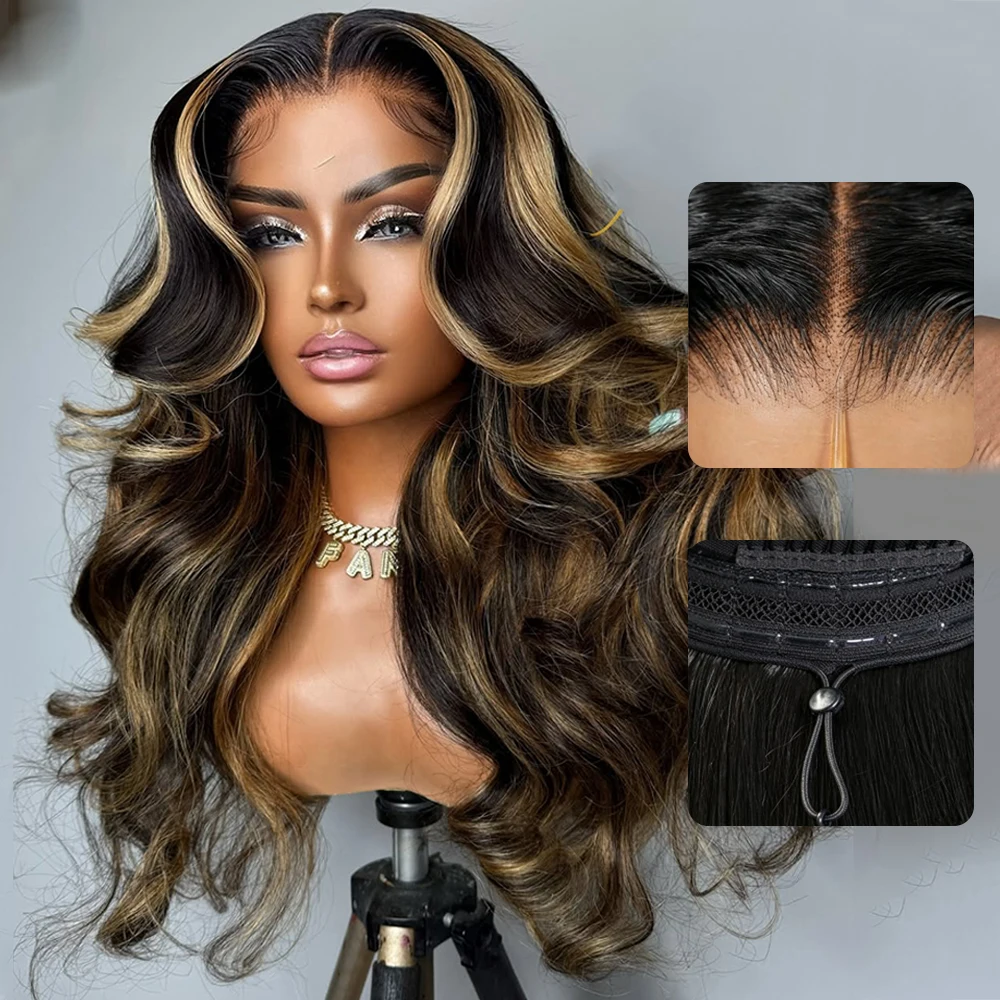 Blonde Highlights with Black 200 Density 13x6 Lace Front Human Hair Glueless Wigs Body Wave for Women Drawstring Wig with Tape
