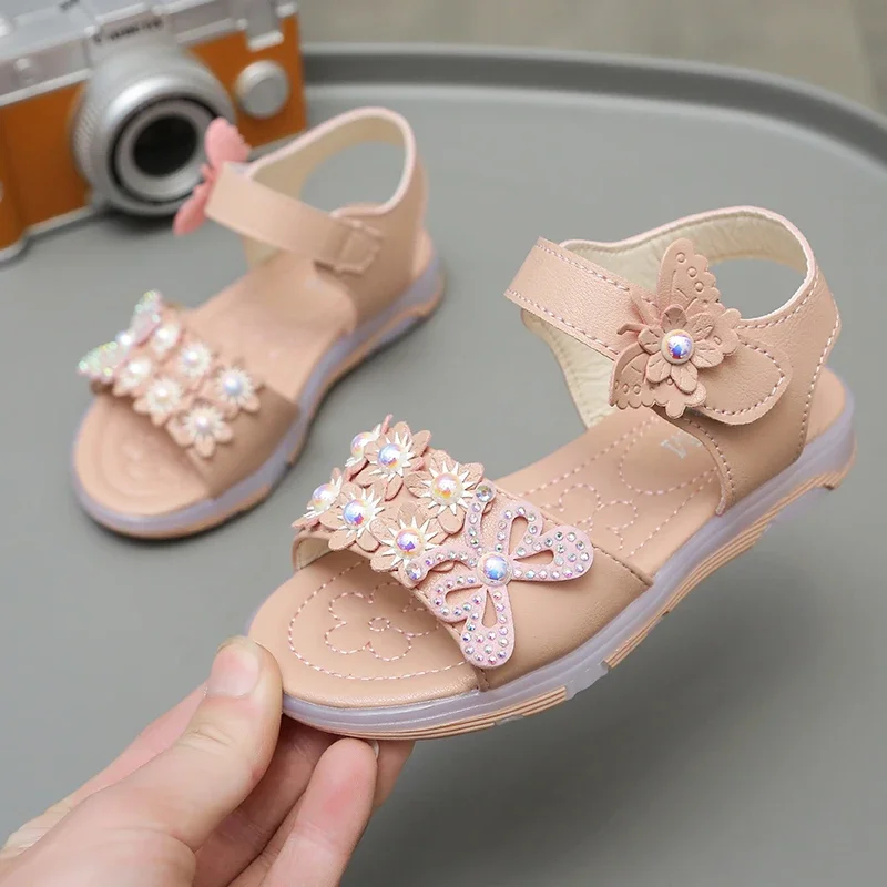 

Baby Girl Sandals New PU Leather Flats Sole Children Pearl Rhinestone Summer Fashion Crystal Shoes Size 21-30 Slipper