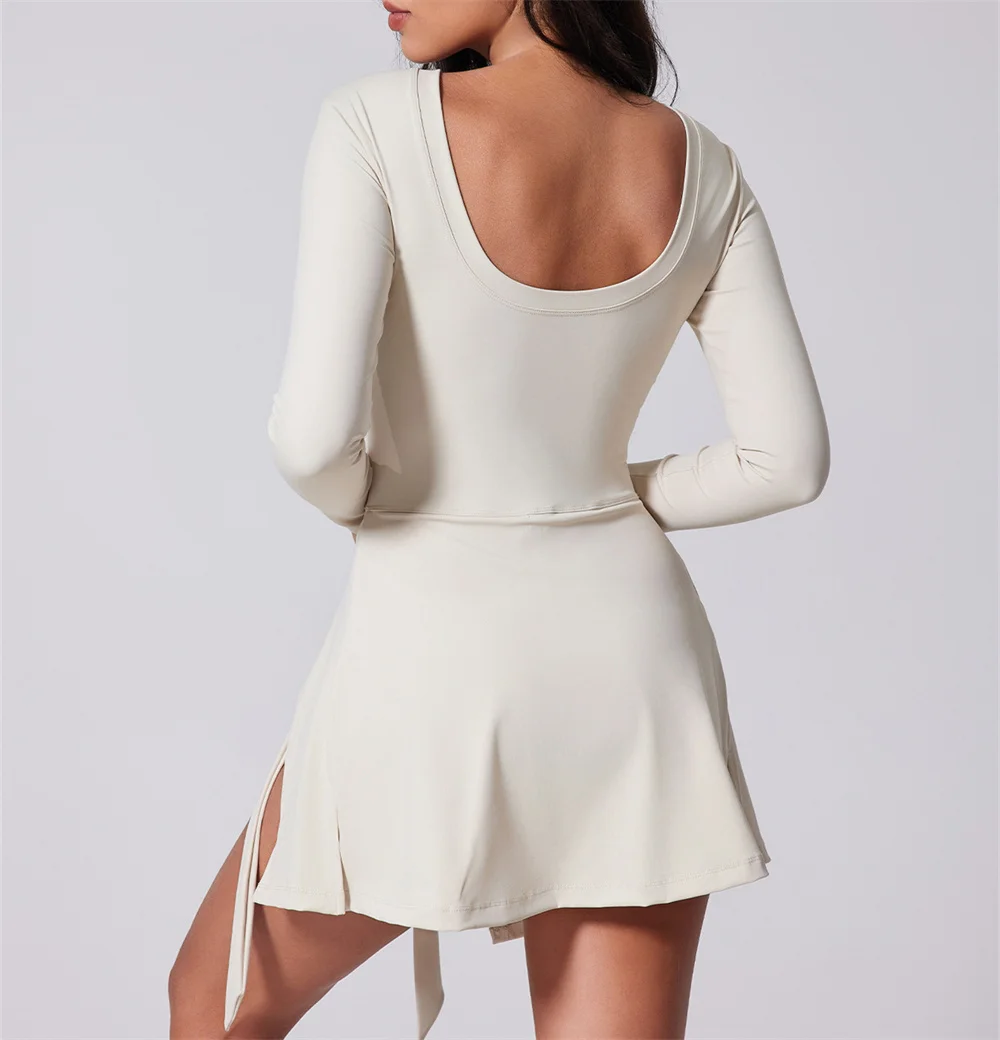 Womens High Neck Tennis Dress Long Sleeve Sarong Wrap Skirt Built in Shorts Golf Athletic Dress Workout Rompers XP152 image 5