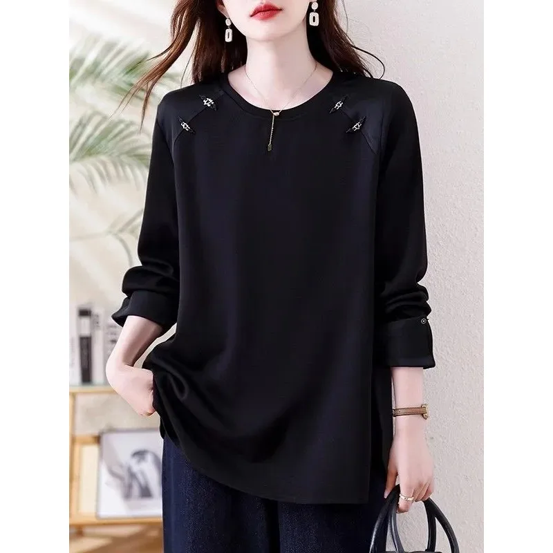 

Fashionable New Chinese Style Black Long-sleeved T-shirt for Women Autumn Loose Bottoming Loose Versatile Fashionable Pullover