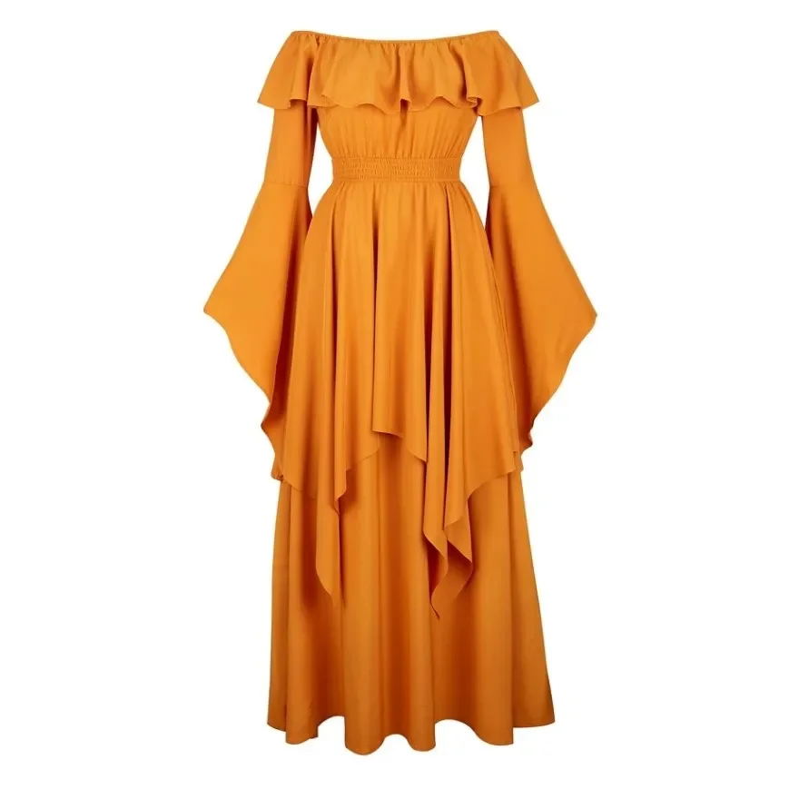 Abito rinascimentale a vita alta elastico con spalle scoperte per donna Abito smock medievale a maniche lunghe Abito da sera elegante Taglie forti