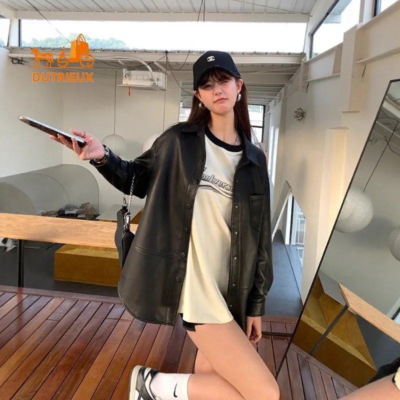 Mittellange Damen-Echtlederjacke im Hemdstil für Herbst und Winter, 100 % echter Schaffell-Intellektueller, sanfter, eleganter Mantel