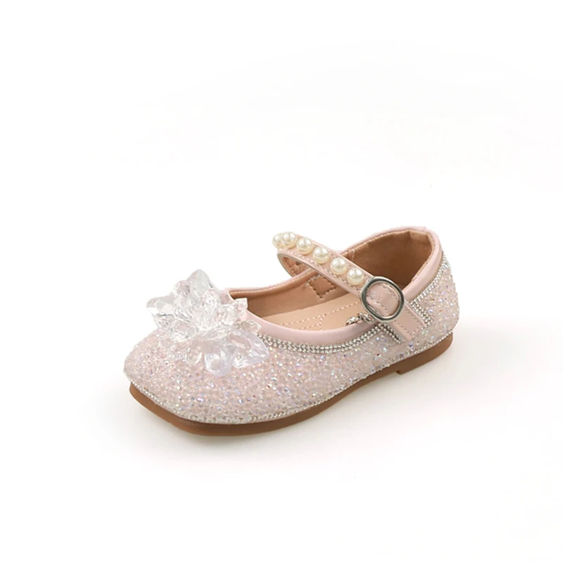 Girls Rhinestone Lace Patent Leather Shoes Child Flat Princess Shoes Fashion Kids Baby Soft Sole Casual Shoe Size 23-34