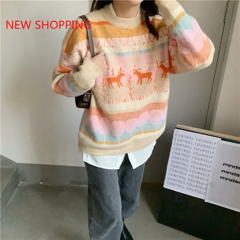 y2k Women Vintage Printed Sweater Korean Autumn Winter Long Sleeve Loose Oversize Streetwear Pullover Top Woman Knitted Sweaters