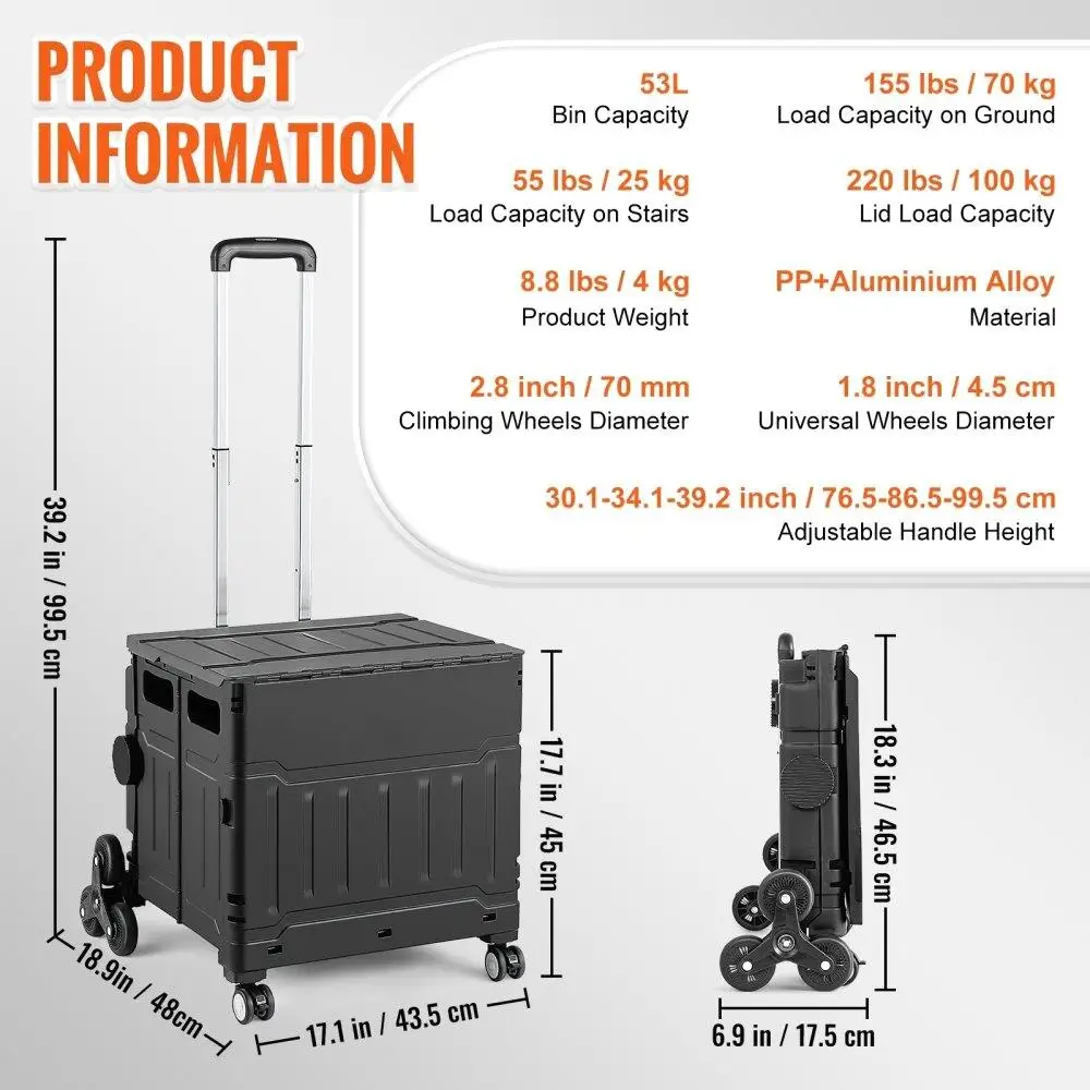 Foldable Stair Climbing Cart 53L with Lid & Adjustable Handle – Perfect for Shopping & Grocery Transport