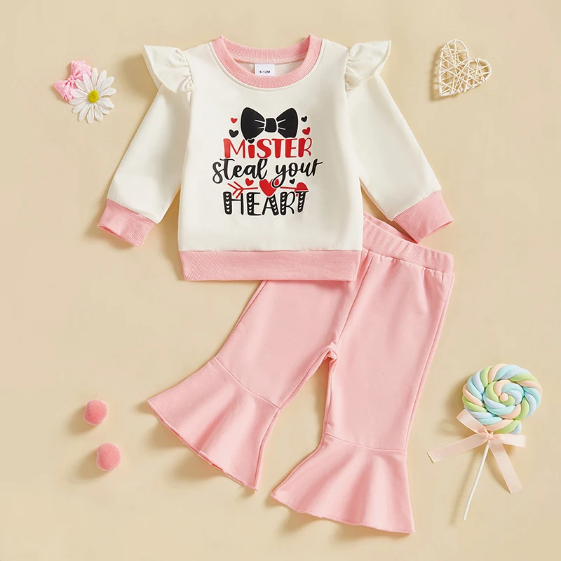 Baby Toddler Girl Valentines Day Clothing Outfit Heart Letter Ruffle Long Sleeve Sweatshirt Solid Flare Pants 2 Pcs Set