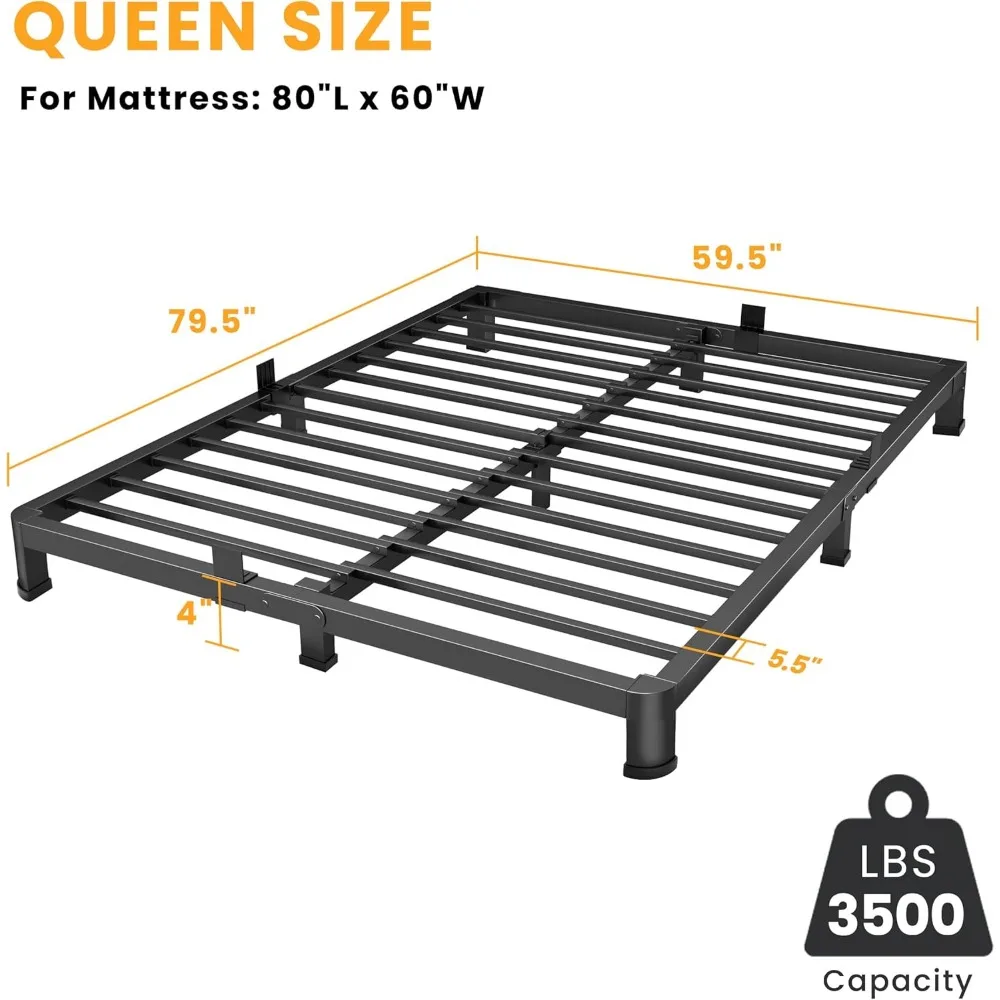 إطار سرير معدني منخفض الحجم مقاس كوين مقاس 4 بوصات مع هيكل عالي التحمل وأرجل زاوية مستديرة لدعم قوي #2