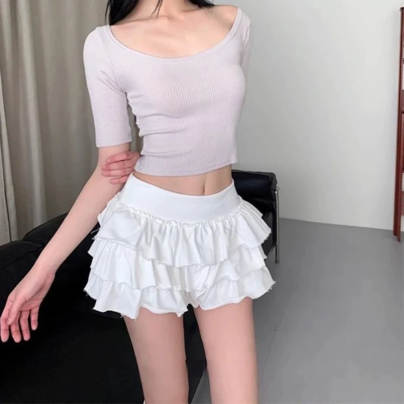 Deeptown Sweet Ruffle Mini Skirt Women Korean Style Kawaii Short Skirt Fashion Vintage Casual Solid Layered Cake Skirts Summer