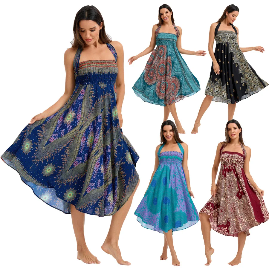 

Women Boho Dress Rayon Breathable Soft Summer Bohemian Long Skirts Beachwear Vacation Elastic Waist Bandage Halter Hippie Dress