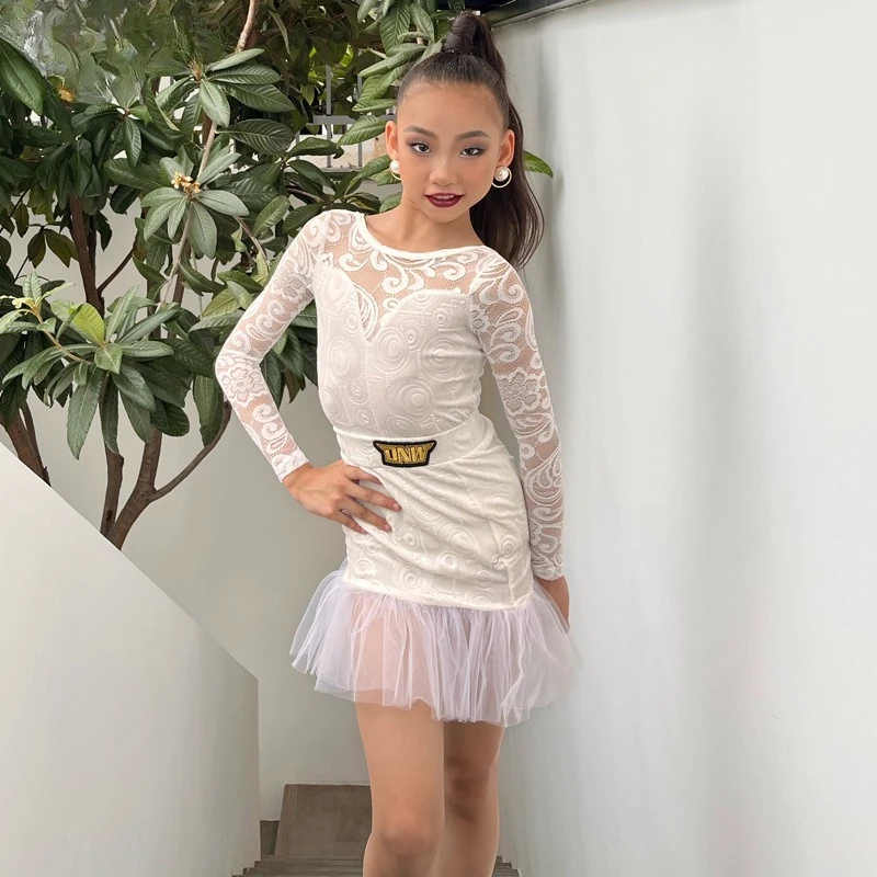 

Customized Latin Dance Suit Practice Dress Girls' Professional Competition Performance Dress White Lace Set