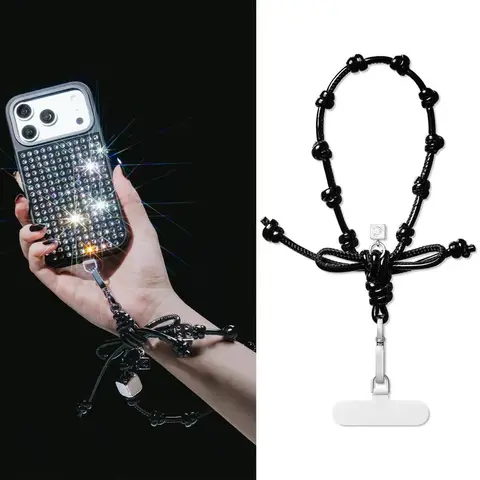 Black Rope Knot Universal Phone Short Chain Pendant Mobile Phone Straps for IPhone 17 Pro Max Full Diamonds Case
