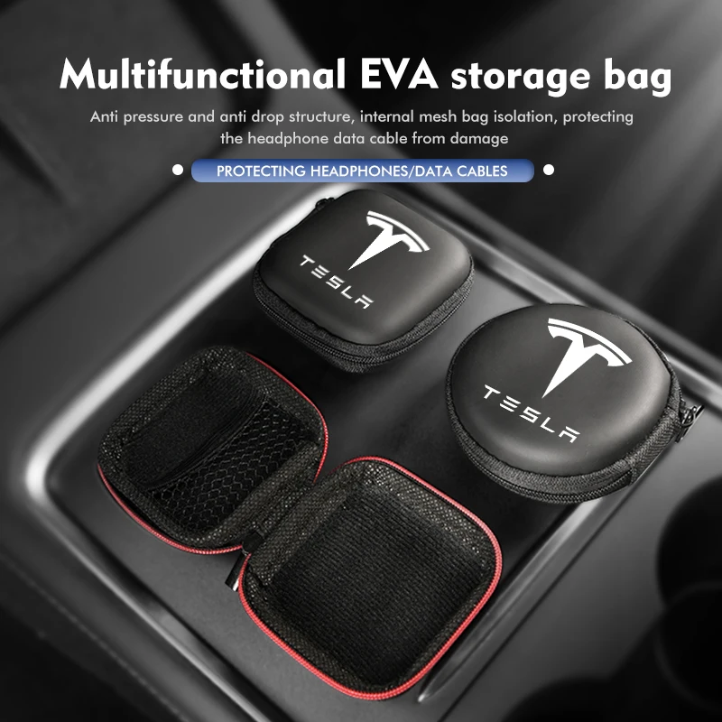 Car Carbon EVA Storage Bag Round Holder Zipper Case Box For Tesla Model Y 3 S X Roadster Bonina