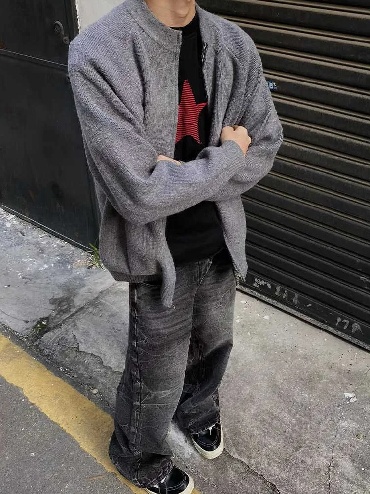 

Loose Fit Zipper Cardigan Knitted Sweater Outerwear for Men And Women Casual Autumn Winter Faion Lazy Versatile Stand Colla...