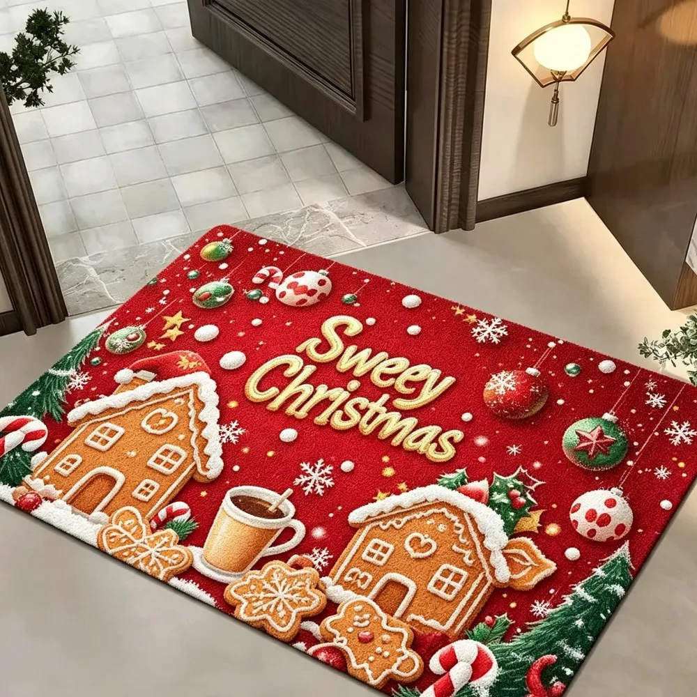 Festive Holiday Welcome Mat Santa Claus Reindeer Gift Box Print Non Slip Indoor Entrance Rug For Christmas Home Decor