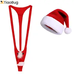 Mens Christmas Santa Claus Lingerie Costume Set Mankini G-string Thong Bodysuit with Hat Xmas New Year Party Clubwear Underwear