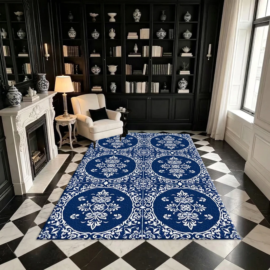 Dark Blue and White Mediterranean Tile Carpet with Classic and Elegant Floral Pattern Tile Print Square Carpet Suitable for Entrance Decoration