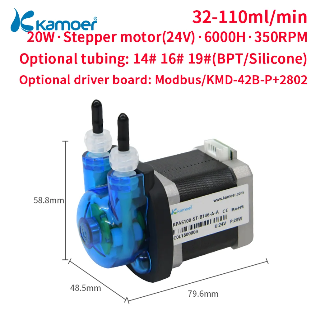 

Kamoer DIY KPAS100 Peristaltic Pump 24V Stepper Motor Self-priming Pump for Lab and Food Beverage(20-110ml/min) Dosing Pump