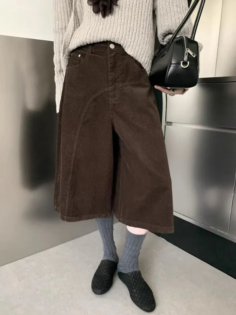 French High Street Fashion Autumn Winter Pants Y2k High Waist Corduroy Lrregular Design Stragiht Trousers Popular Seven-pant