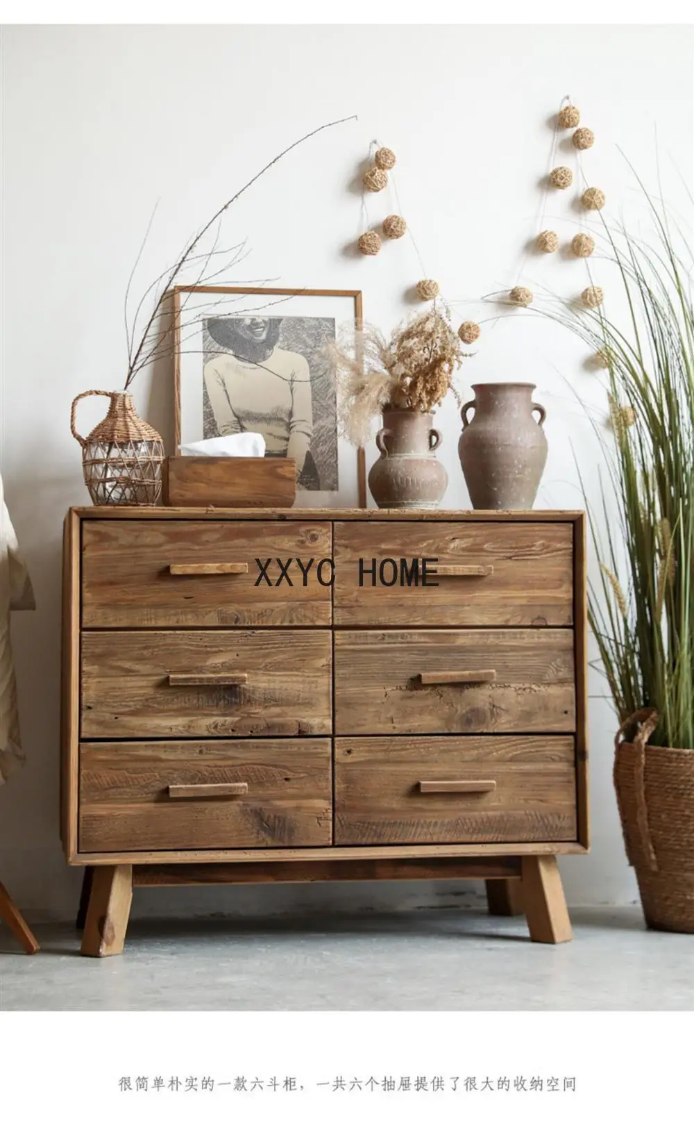 Old Pine Chest of Six Drawers Storage Cabinet Living Room Bedroom Wall Locker Retro Distressed American Style