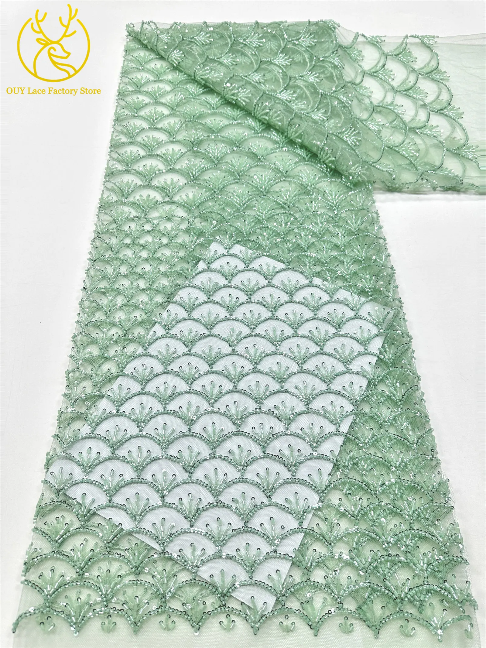 Rosa Neues Design Handgefertigter Perlen-Spitzenstoff Französischer Hochzeitsstoff Nigerianischer Pailletten-Perlen-Stickerei Tüll-Spitzenstoff – Detail 11