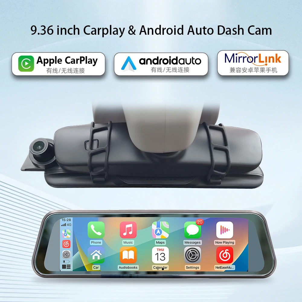 

9.36" Dash Cam 720P Rearview Car Camera Wireless Carplay & Android Auto Dashcam With IPS Touch Screen Dashboard DVR Car Monitor