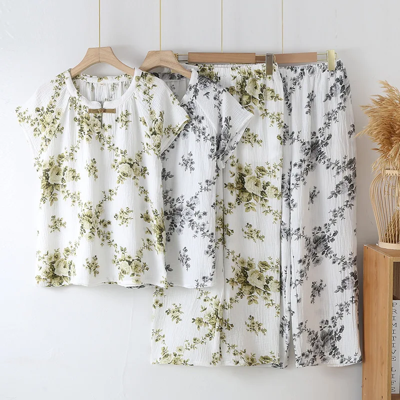 Retro Pure Cotton Pajamas For Sleeping Woman Home Wear Pyjamas Femme New Arrived Floral Printing Nighty Set Women's Summer Suits