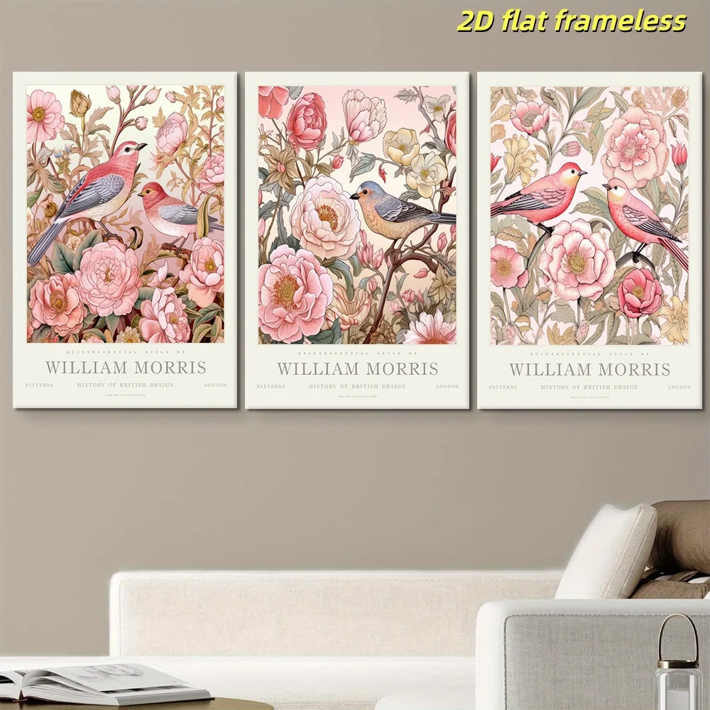 3-piece set of William Morris style canvas frameless decoration hanging painting pink flower bird pattern retro plant illustrati