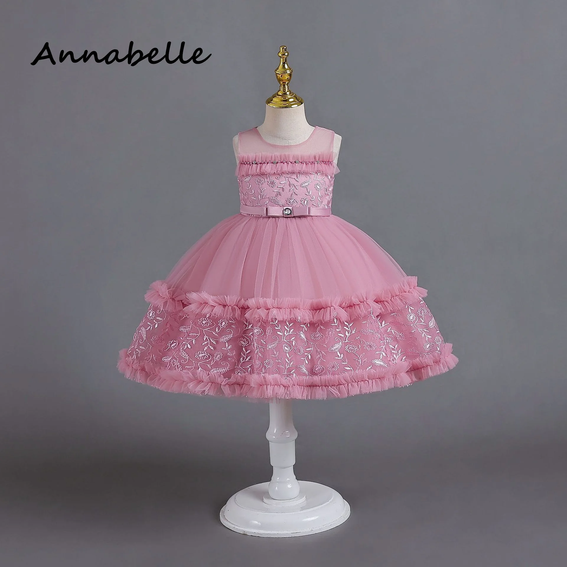 Annabelle Blumen mädchen Prinzessin Kleid Bogen Baby Mädchen Zeremonie Geburtstag geschwollene Applikationen Kleid für Hochzeits feier Brautjungfer kleider