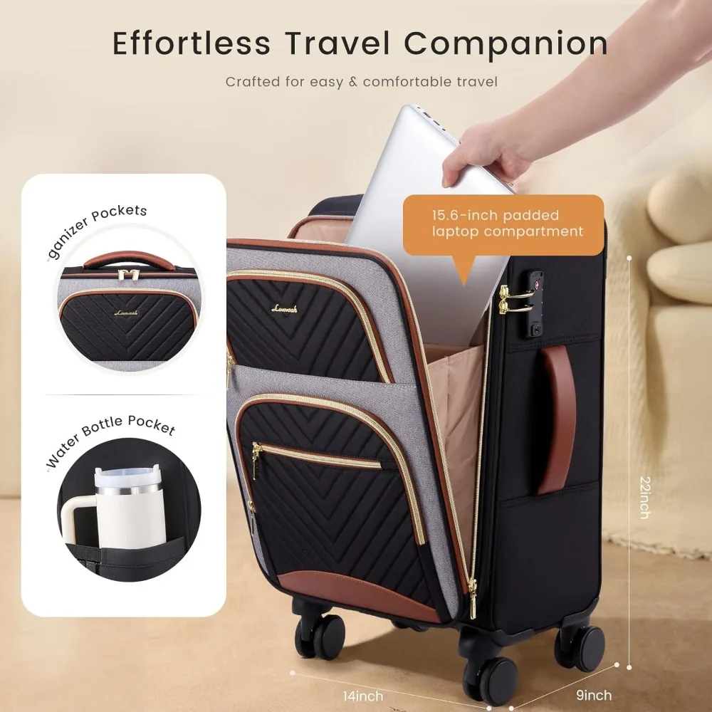 Airline Approved Large Waterproof Softside Carry-On Suitcase with 3 Packing Cubes, Lightweight Luggage for Travel