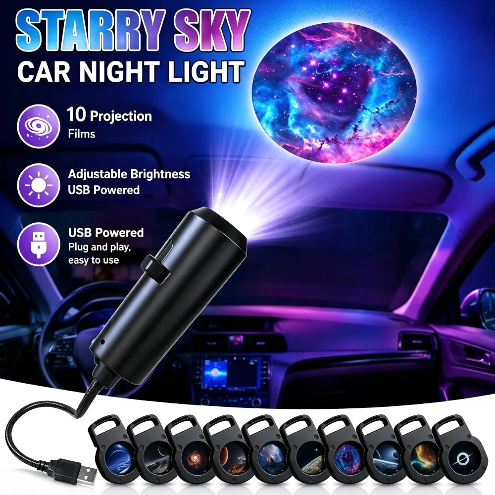 1Set USB Star Projector Lamp Car Interior Ambient Light With 10 Pictures Starry Sky Projector Bedroom Ceiling Decor Night Light