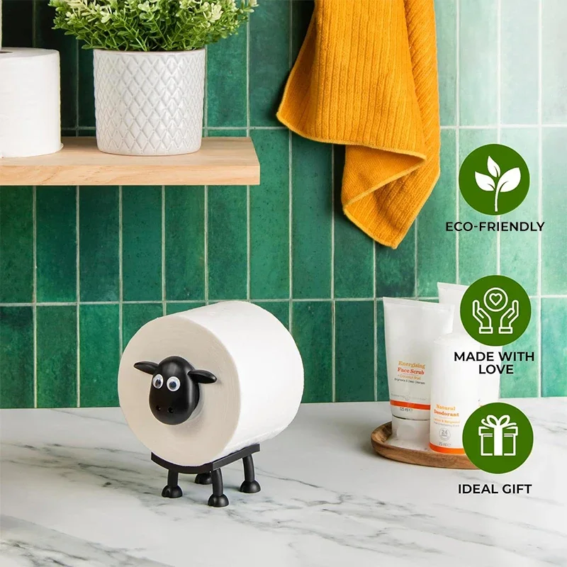 3pcs Sheep Toilet Roll Holder Funny Toilet Paper Holder Free Standing Bathroom Set Black Sheep Roll Rack Cute Bathroom Decor