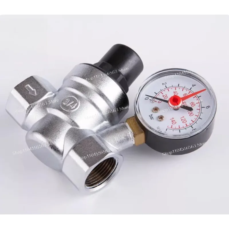 Water Pressure Reducer, Pressure Reducing Valve, Regulator with Pressure Gauge, DN15/20, Chrome-plated Material