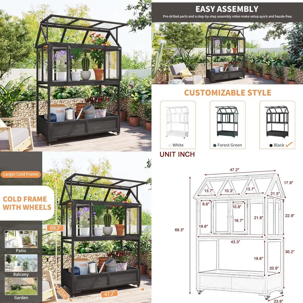

Portable Cold Frame Greenhouse 47.2, Green Mini Greenhouse with Wheels, Adjustable Roof, Storage Box, 110lbs Shelf Capacity