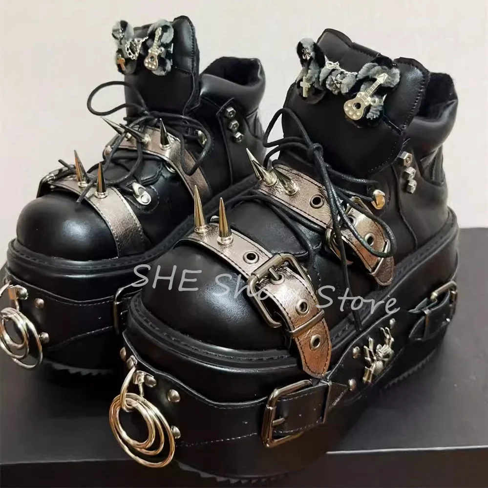 

Black Punk Style Chunky Bottom Custom Women Mary Janes Rivet Belt Buckle Metal Chain Decor Pumps Ladies Lace-Up Leather Shoes