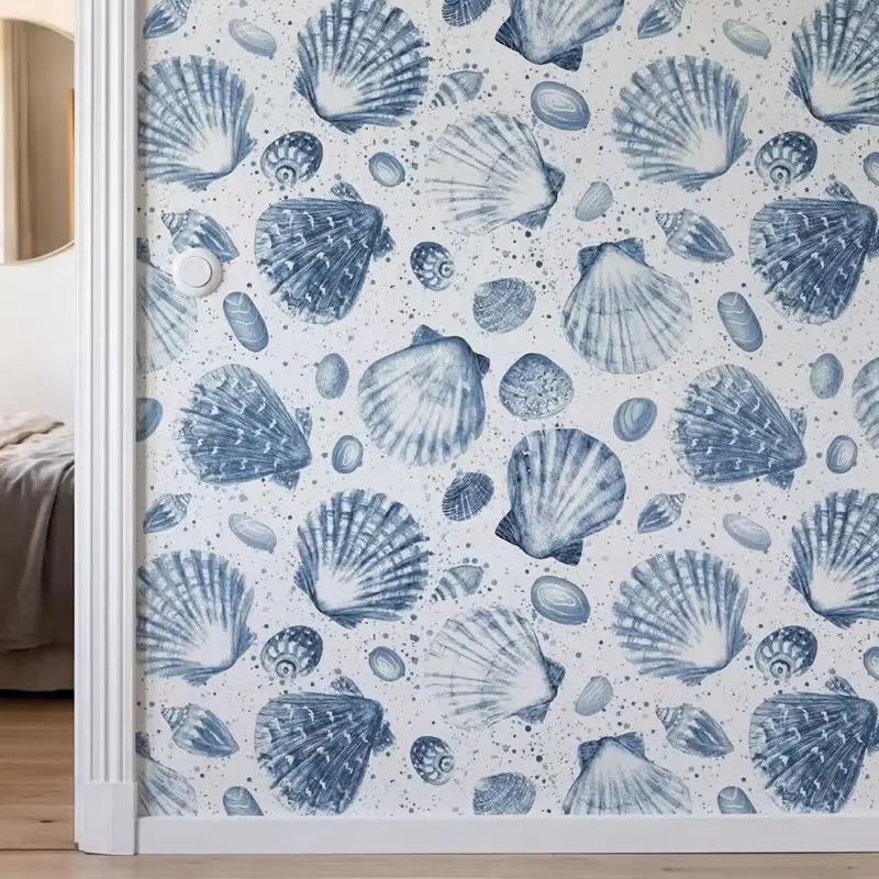 Seashell Wallpaper Peel and Stick, Blue & White Coastal Print Wall Mural,Nautical Home Decoration, Self-adhesive Or Traditional
