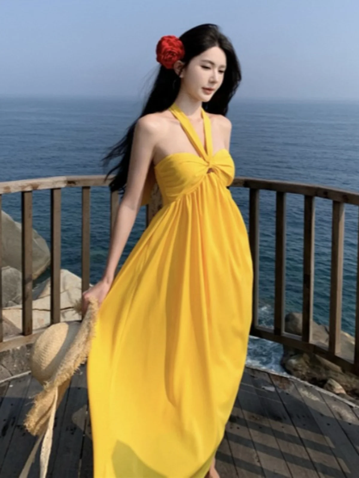 

Yellow Off-oulder Beach Dr Ne Hanging Ba Exposure Travel Holiday Long Dr High Waist Polyester Summer Skirt