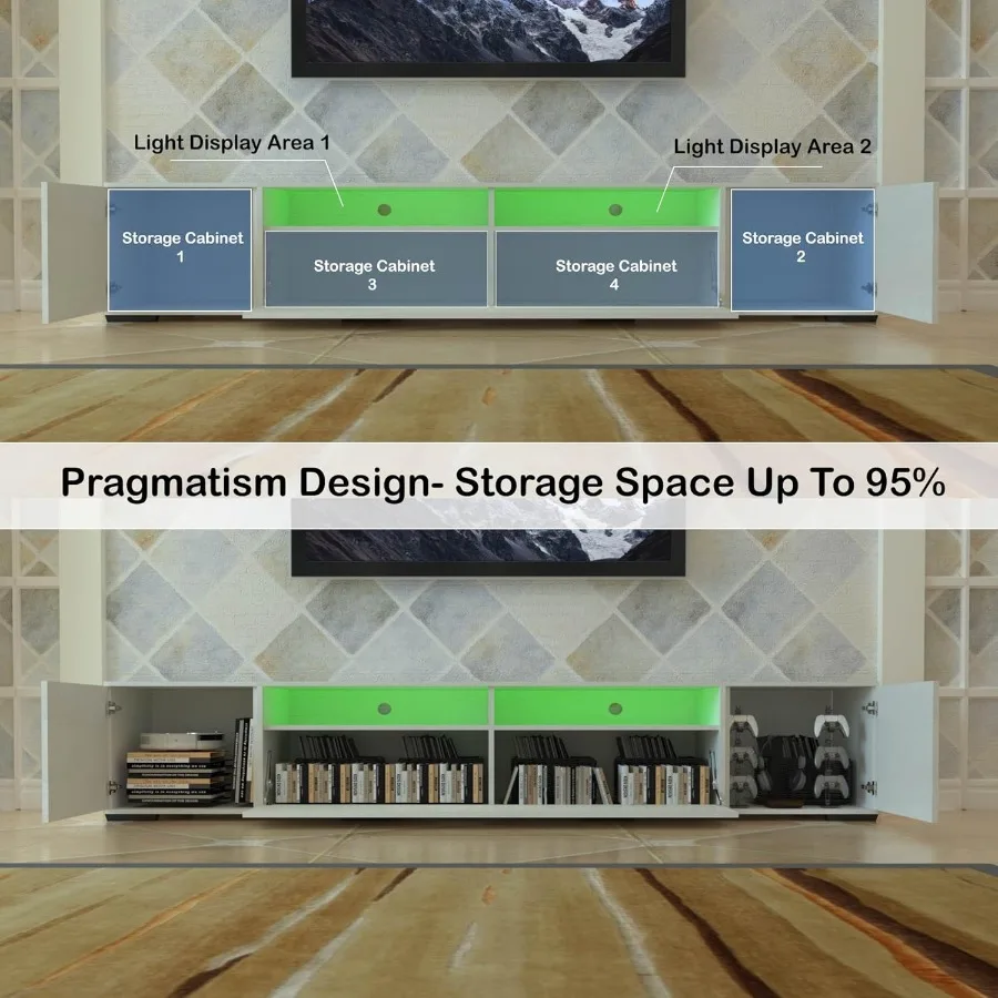 حامل تلفزيون LED لتلفزيون 65 75 85 بوصة مركز الترفيه الحديث مع سلسلة إضاءة 31 وضعًا اختيار كامل الألوان وحدة تحكم تلفزيون طويلة مع