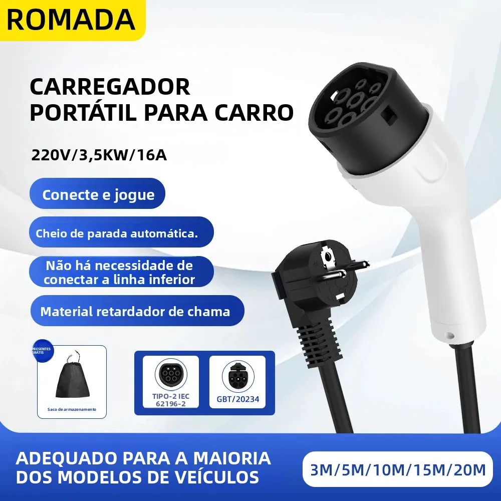 Romada 3.5kw 16a type2 iec62196 ev carregador portátil 3m-20m cabo evse plugue da ue adaptador wallbox para veículo elétrico